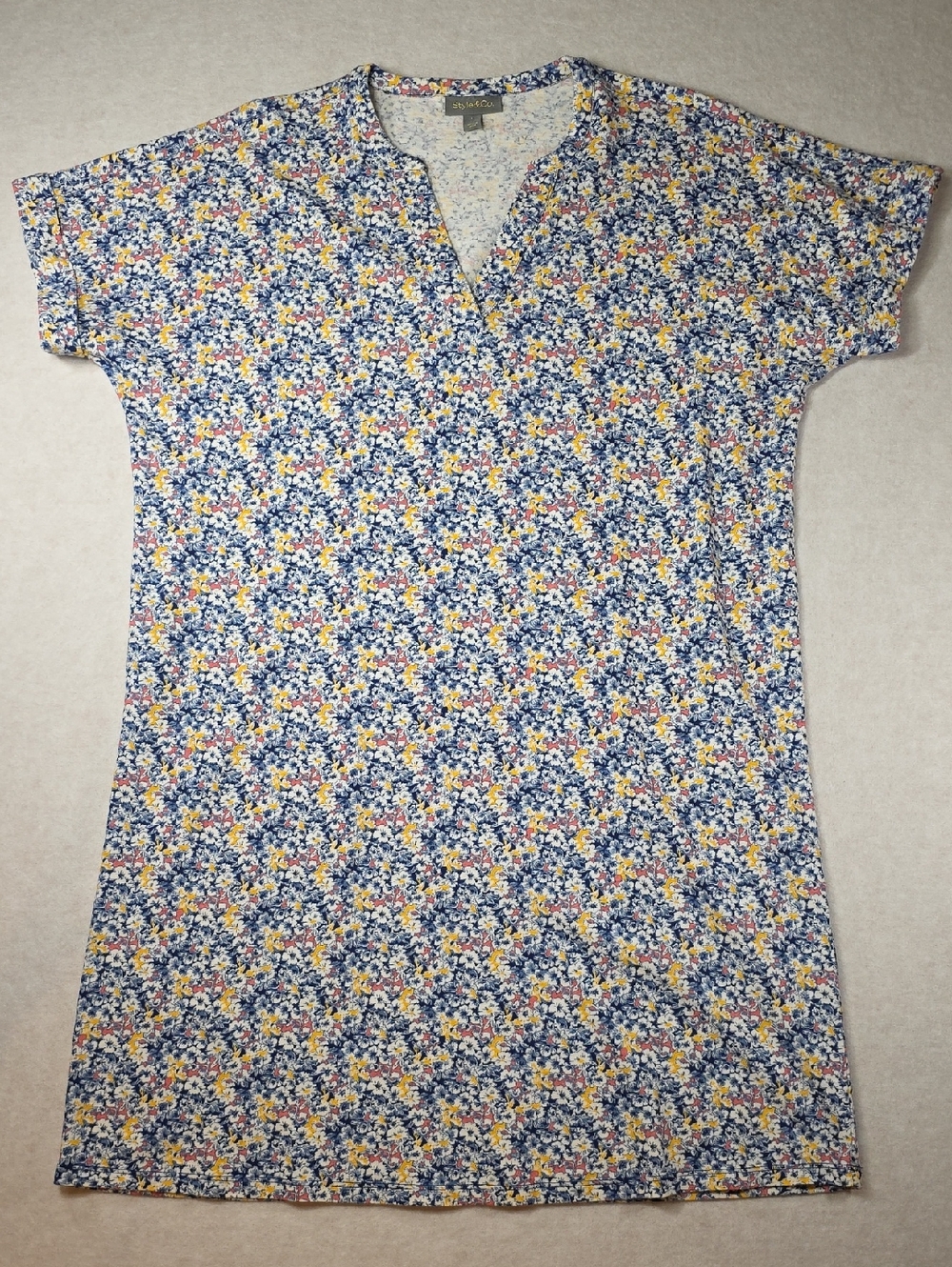 Style & Co. Blue Floral Shift Dress with Yellow Pink Accents Linen Cotton Blend